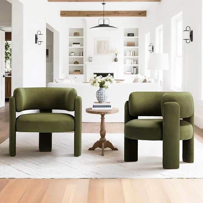 COLAMY Modern Accent Chair Set of 2, Velvet Accent Chairs, Upholstered Barrel Chairs with Solid Wood Legs, Comfy Side Chair for Living Room, Bedroom, Reading, Cozy Reading Chair,Green