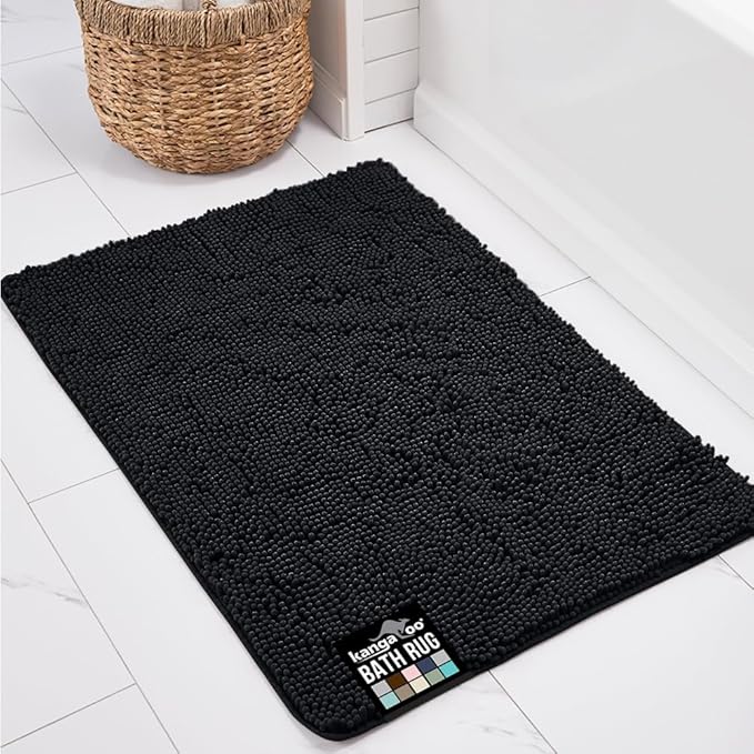 KANGAROO Bathroom Rugs, Chenille Soft Absorbent Bath Rug, Shaggy Shower Mat, Quick Dry Machine Wash Bathmat, Plush Carpet Mats for Tub, Bathtub and Room Home Decor Accessories, 36x24, Black