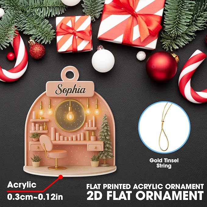 Personalized Pink Makeup Christmas Ornament 2025, Custom Acrylic Hanging Decoration, for Teen Girl, Beauty Artist Keepsake, Makeup Christmas Tree Ornament