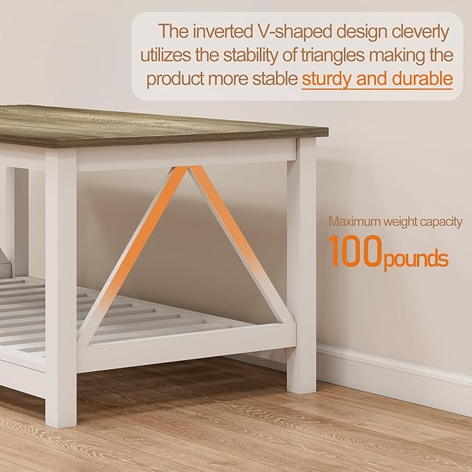 Farmhouse Coffee Table for Living Room, 2-Tier Rectangular Wooden Centre Cocktail Table with Slats Shelf Storage and V-Shaped Frame (Walnut Top)