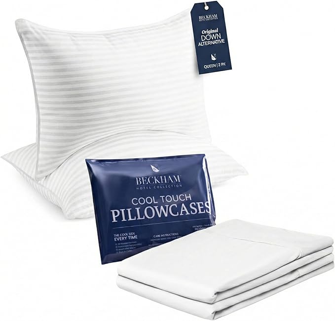 Beckham Hotel Collection Bed Pillows with Cooling Pillowcases for Hot Sleepers, Queen Size Sets of 2, Soft Down Alternative Pillow for Sleeping, Envelope Cases, White