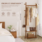 Coat Rack Freestanding Clothing Rack with Wheels & 2 Shelves Storage & 5 Hooks Heavy Duty Clothes Rack Wood Coat Tree Stand Hat Hanger Rack for Corner Bedroom Entryway Living Room Hotel Size L