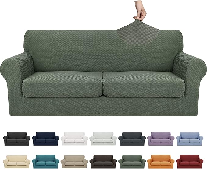 YEMYHOM Latest Checkered 3 Pieces Couch Covers for 2 Cushion Couch High Stretch Sofa Cover with 2 Extra Large Seat Cushion Covers Anti Slip Elastic Slipcovers (Army Green), 71"-91"(2 Cushions)