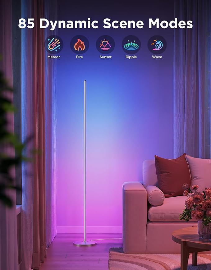Govee RGBIC Floor Lamp, LED Corner Lamp Works with Alexa, Smart Modern Floor Lamp with Music Sync and 16 Million DIY Colors, Color Changing Standing Lamp for Bedroom Living Room Silver