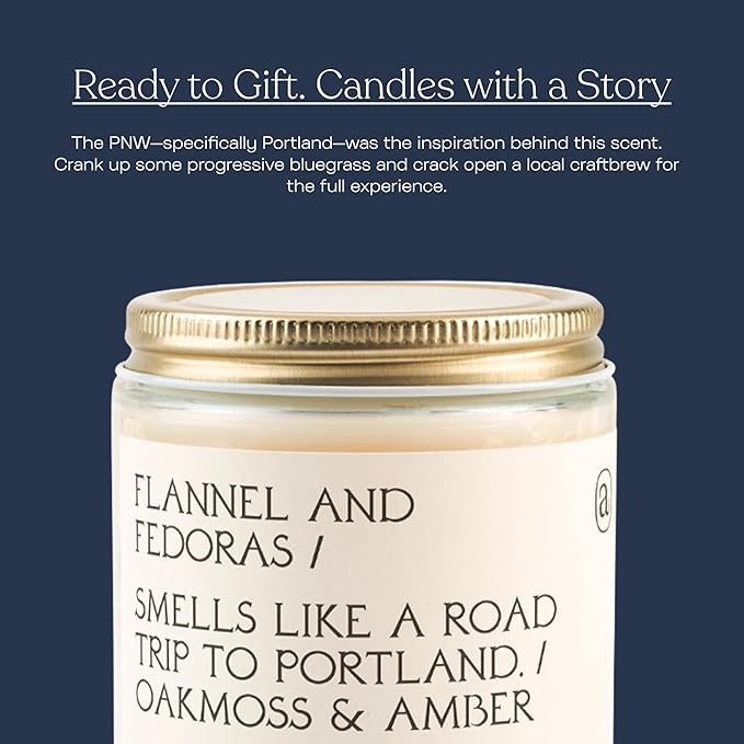 Anecdote 'Flannel & Fedoras' Coconut Soy Wax Candle Jar | Premium Hand Poured & Long Burning | Oakmoss & Amber Scent | Phthalate-Free | for Home, Office, Gift - 7.8 Oz