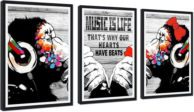 Novatique Street Graffiti Wall Art Banksy Art Wall Decor Monkey Poster With Headphones Prints Street Art Painting for Living Room Bedroom,24" x 36" x 3pcs