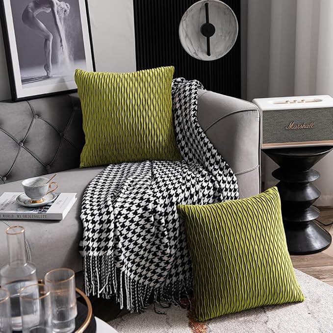 24x24 Moss Green Throw Pillow Cases: 2 Pack Original Striped Velvet Square Decorative Pillow Covers for Farmhouse Couch