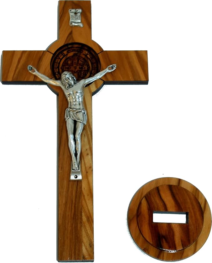 Holy Land Market Olive Wood Table and Wall St. Benedict Crucifix with a Certificate and Lord prayer card (6.75 Inches)