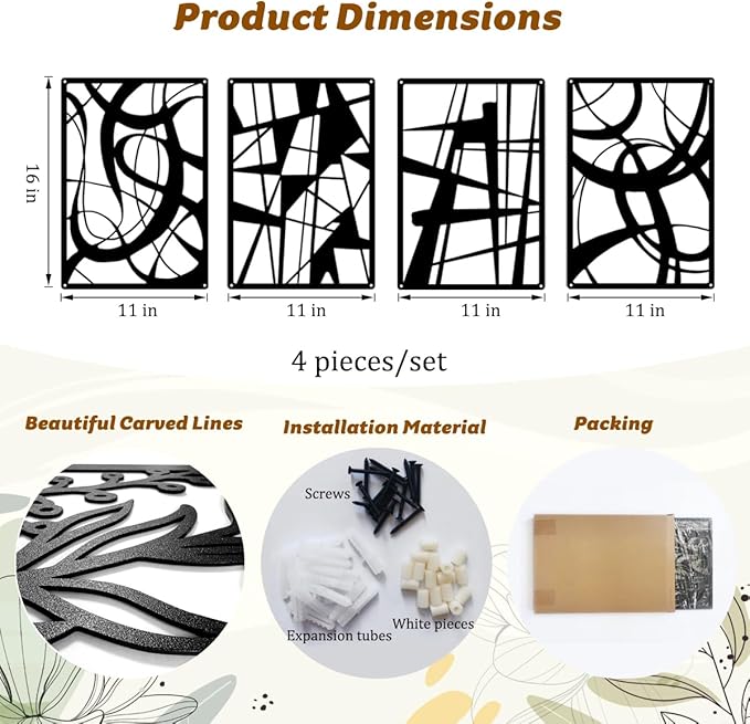 TENTENRI Black Metal Abstract Wall Art 4 Pack Minimalist Décor Line Art Wall Décor for Living Room Bedroom Office Decor