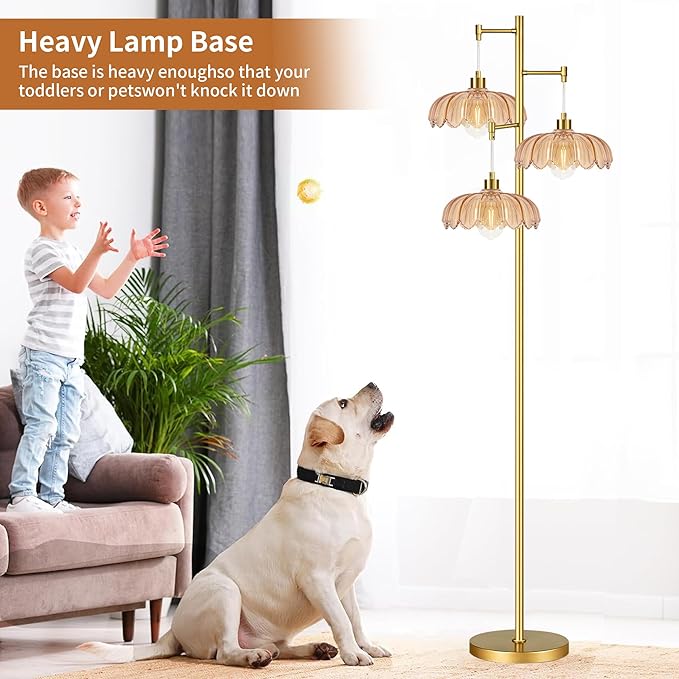Gold Floor Lamp for Living Room Bedroom,Modern Floor Lamps with Unique Amber Glass Shades,68IN Mid Century Tall Flower Standing Lamp,Vintage 3 Lights Tree Floor Lamp for Corner Office Reading