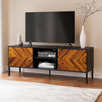 Bme Vivian TV Stand, 59 Inch Media Console Table with Herringbone Pattern Doors, Solid Wood & Metal Frame, Rustic Golden Brown – Retro-Inspired Modern TV Console for Living Room, Entertainment Center