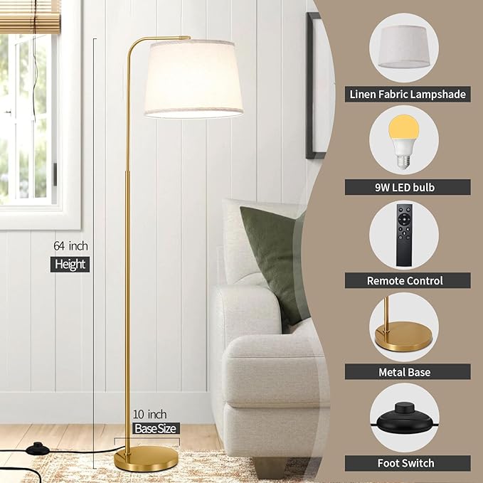 Floor Lamp for Living Room, Dimmable Modern Floor Lamps for Bedroom, Remote Control Modern Corner Standing Lamps, Nursery Industrial Adjustable Arc Tall Lamp with 9W Bulb for Office Reading