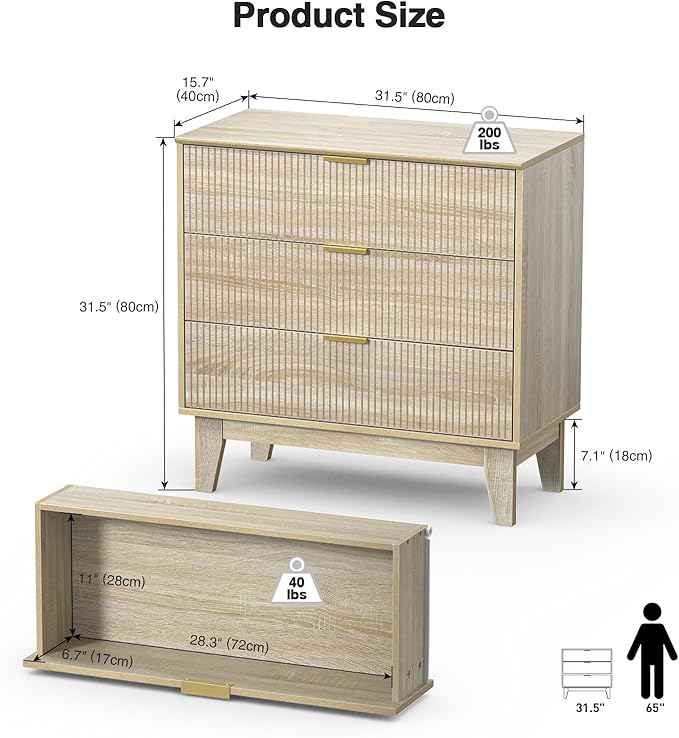 Anmytek 3 Drawer Dresser for Bedroom, Modern Closet Dressers Chest of Drawers, Wood Tall Dresser Storage Dresser Large Nightstand for Bedroom Living Room Hallway Closet, H0113