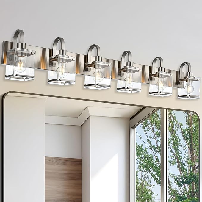 6-Light Bathroom Light, Brushed Nickel Vanity Light Fixture Over, Mirror,Modern Wall Lamp with Clear Glass Shade Wall Sconce Lighting for Living Room, Bedroom, Hallway