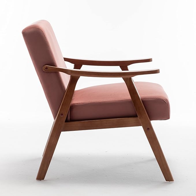 Accent Chair with Microfiber Upholstery and Solid Wood Frame, Classic Mid-Century Modern Living Room Furniture for Extra Seating, Rose