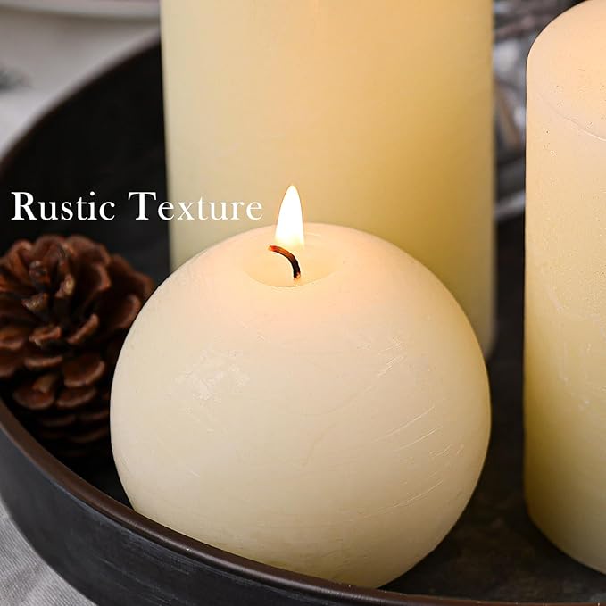 Ivory Rustic Textured Pillar Candles Set - 4 Pcs Assorted Sizes Unscented Pillar Candle, Decorative Farmhouse Candles for Home Centerpiece Decor, Holiday Dinner Table, Dripless & Smokeless
