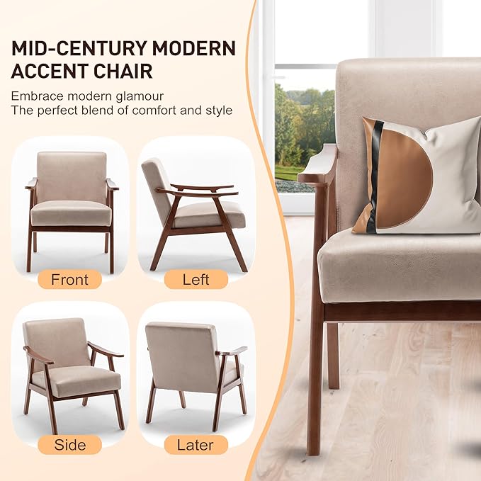 KEIKI Mid-Century Modern Accent Chair with Solid Wood Frame, Velvet Upholstered Chair with Supportive Foam Cushion for Relaxing & Reading