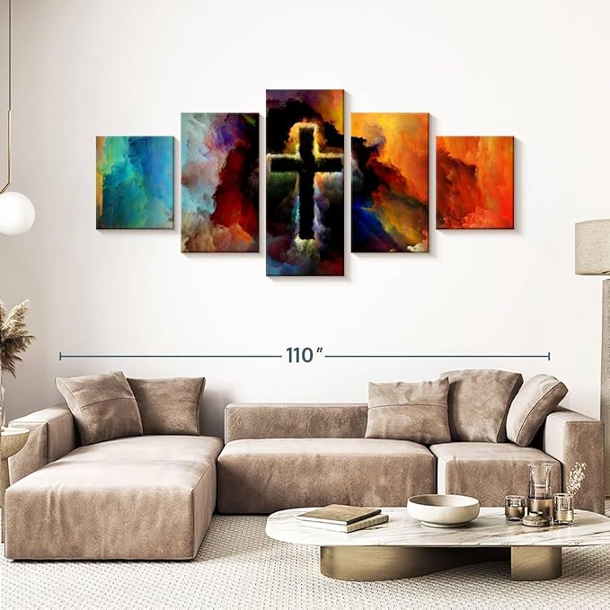 Elephant Stock Colorful Cross Wall Art Multi Piece Canvas - 5 Panel Christian Pictures Decor - Digital Design Canvas Print - Christian Wall Decor - 92" X 42"