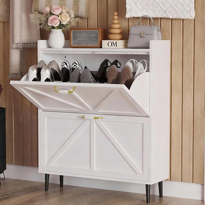 Shoe Storage Cabinet for Entryway with 2 Flip Drawers, Metal Slim Narrow Shoe Cabinet, Freestanding Hidden Shoe Organizer for Foyer, Hallway, Entryway - White