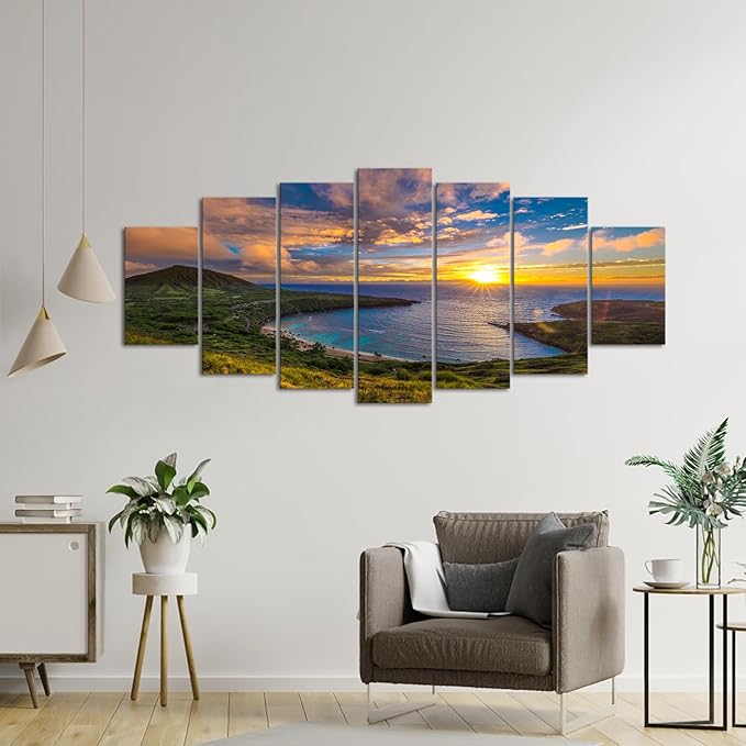iKNOW FOTO XLarge Canvas Set of 7 Wall Art Wall Decorations Sunrise from Hanauma Bay On Oahu, Hawaii Landscape Printed Paintings for Living Room Framed Ready to Hang 70x32 Inches
