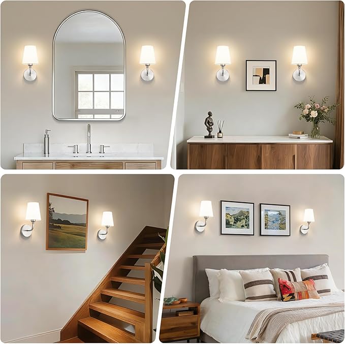 Modern Wall Sconces Set of 2, Hardwired Wall Lights with Flared White Fabric Shade, Brushed Nickel Wall Lamps for Bedroom Bedside Stairway Bathroom Living Room(ETL Listed)