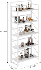 JSB No Assembly Folding Bookshelf, 5 Tier Industrial Metal Book Shelf for Storage, Vintage Wood Foldable Bookcase for Living Room, Bedroom, Office Organization Shelves