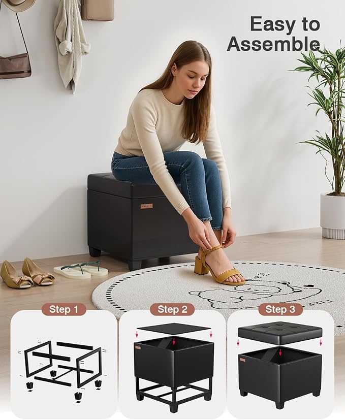 17.7 inches Synthetic Leather turfed Ottomans Cube with Legs, Metal-Framed Square Storage Ottoman Foot Rest Stool Holds 770 LB for Dorm Living Room Bedroom Black UASND63B