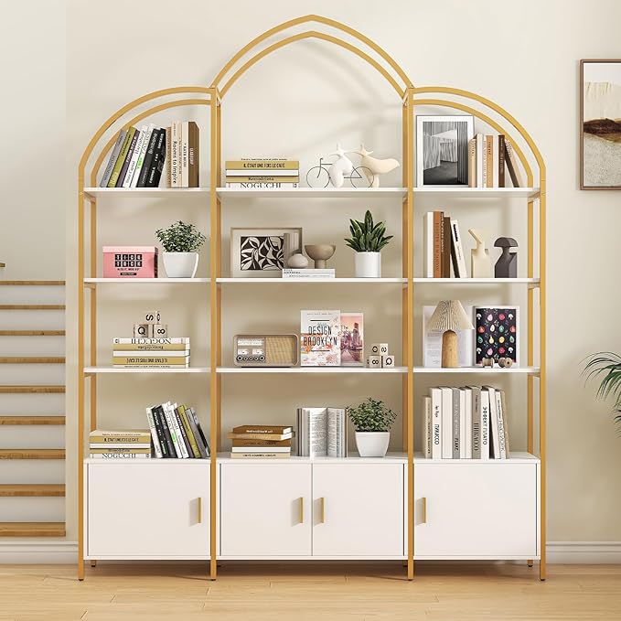 Semoic Arched Bookshelves and Bookcases: Triple Wide 5-Tier Large Open Bookshelf, Etagere Bookcase with Display Shelf for Home Office, White and Gold