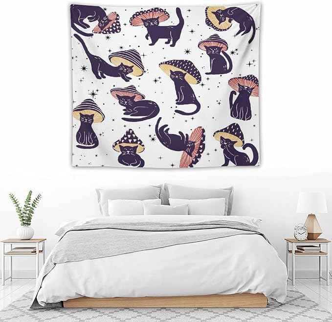 VUMIVI Funny Cat Mushroom Tapestry Retro 70s Hippie Style Cute Black Kitten Star Aesthetic Art Print Tapestry Wall Hanging for Living Room Bedroom Dorm Classroom Aesthetic Decor W60xL50in