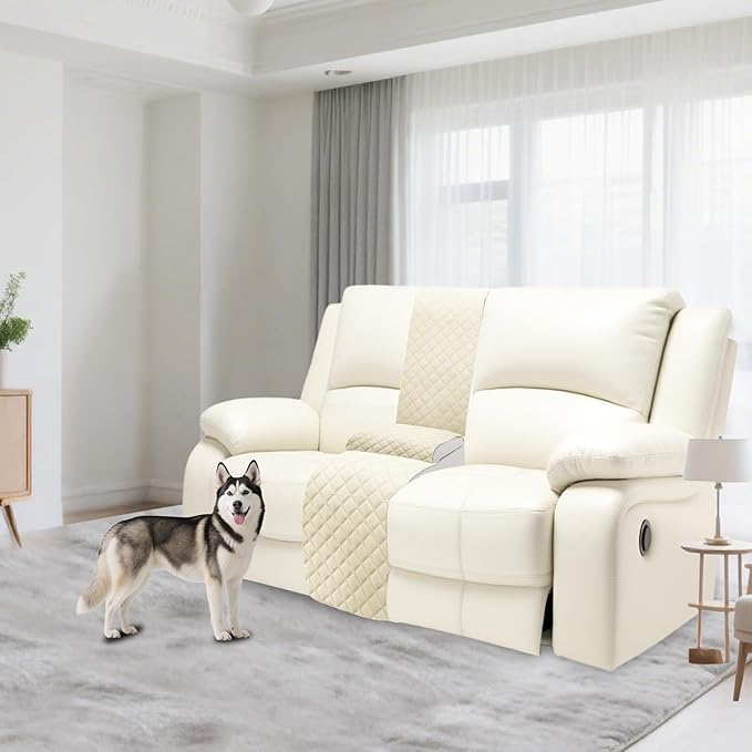 Reclining Sectional Couch Covers Velvet L Shape Recliner Sofa Middle Console Cover for Dogs Pets Washable Anti Slip 1 Additional Recliner Center Console Slipcovers (1 Console, Ivory White)