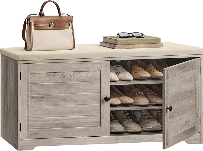 VASAGLE Shoe Storage Bench with Cushion, 3-Tier Entryway Bench with Padded Seat, Doors, Adjustable Shelves, 14 x 39.8 x 20.7 Inches, Hallway, Bedroom, Heather Greige and Cappuccino Beige ULSB044L01