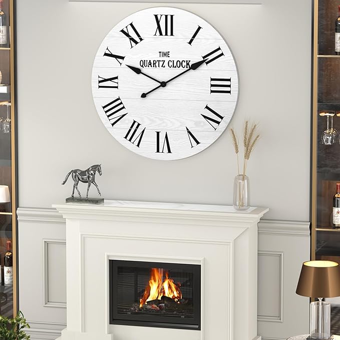 ARTPOWER Large Farmhouse Wall Clock, 35.5” Shiplap Wall Clock with Roman Numeral, Nearly Non-Ticking, Round Wall Clocks for Living Room Decor, Office, Bedroom, Entrance, White
