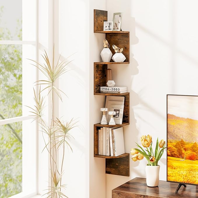Tangkula 5-Tier Corner Shelf Wall Mount, Farmhouse Floating Corner Bookshelf, Industrial Modern Display Shelf Stand, Wooden Storage Organizer for Living Room Home Office (1, Rustic Brown)