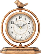 Gold Vintage Table Clock with Bird, European Retro Style Mantel Clocks, Desk and Shelf Decor Clock, for Living Room, Farmhouse, Bedside, Bedroom, Gift (7.9" H x 6.3" W)