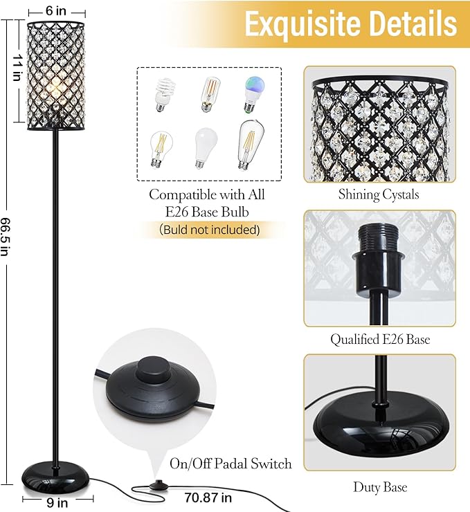 GyroVu Crystal Floor Lamp, Modern Standing Lamp with Elegant Shade Black Floor Lamp with On/Off Foot Switch,Tall Pole Accent Lighting for Living Room, Girl Bedroom, Dresser, Office