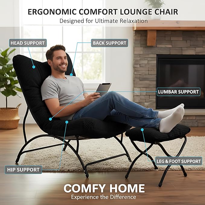 Welnow Modern Accent Chair with Ottoman, Upholstered Comfy Lounge Recliner Sofa, Thick Cushion Oversized Lazy Reading Chair with Footrest for Living Room, Bedroom, Apartment, Office, Dorm, Black