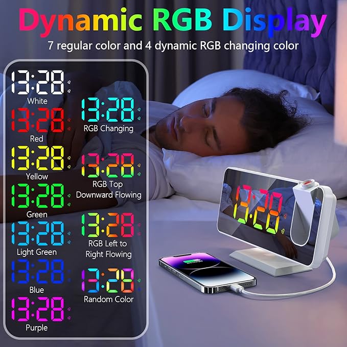 Projection Alarm Clock for Bedroom Ceiling, 180° Rotatable Projector 7.4” Mirror RGB Digital LED Display 12/24H, 5 Level Brightness Dimmer, Dual Alarm Clock (White)