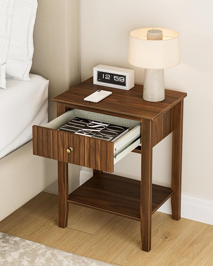 Fluted Nightstand, Farmhouse Night Stand with 1 Drawers, Mid Century Modern Side Accent Table,Bedside End Table for Bedroom, Living Room, Brown