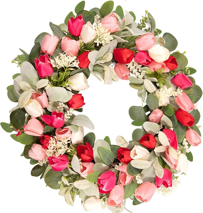 22 Inch Valentine‘s Day Wreath - Tulip Wreath for Front Door, Artificial Tulip Flower Wreaths with Green Leaves, Spring Summer Holiday Front Door Decor, Welcome Wall Hanging