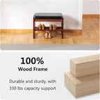 Solid Wood Shoe Bench, 2-Tier Wooden Entryway Bench, Modern Shoe Rack with Faux Leather Cushion for Hallway, Living Room (Black, 21.65'')