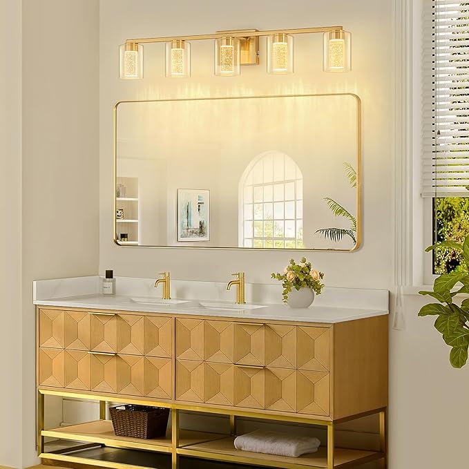 SineRise 5-Light Gold Vanity Light with 3 Color Modes (3000K/4000K/6000K), Eye Protection LED Bathroom Light Fixture, Dimmable Modern Wall Light Over Mirror with Clear Glass Shade