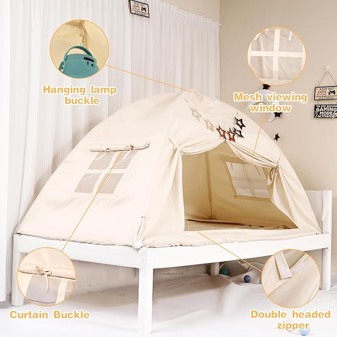 Bed Tent for Kid Twin Size Bed Canopy,Breathable Privacy Space Sleeping Drafty Room Dream Tents Indoor Play Tent Kid Sleep Tent（Beige,Full）