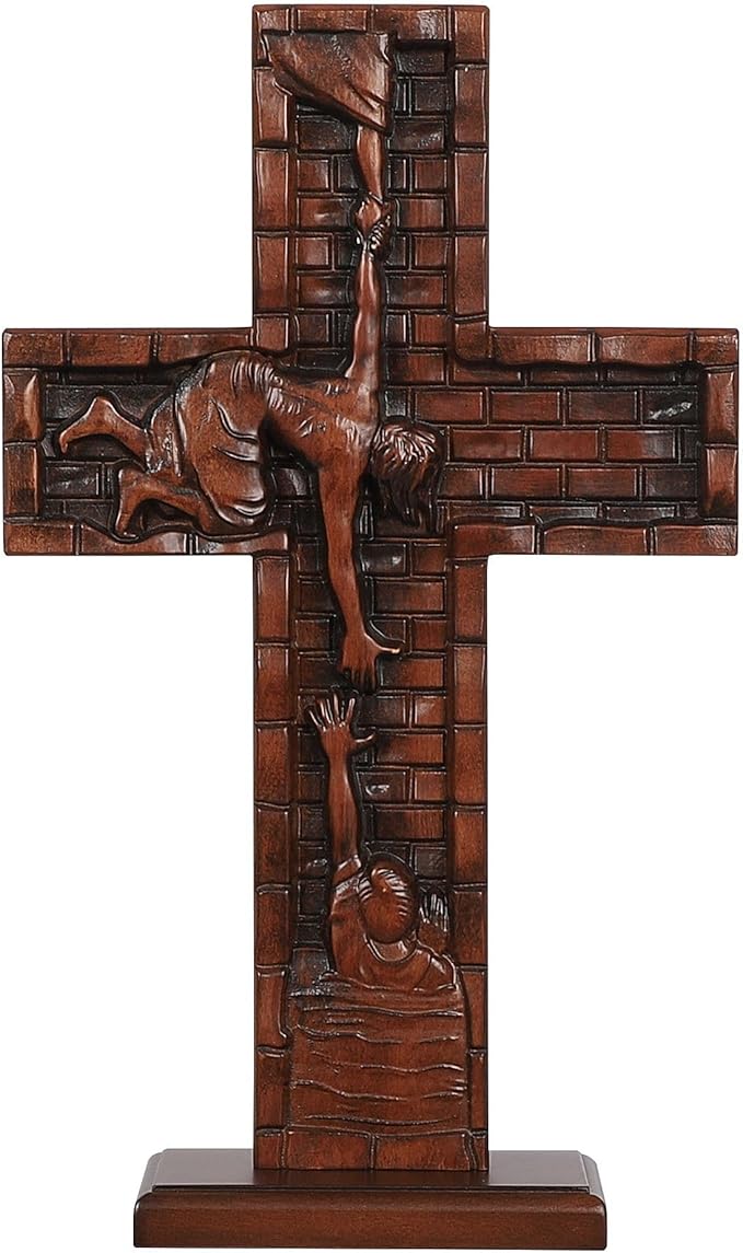 Crucifix Wall Cross for Home Decor, Handmade Religious Wood Cross for Hanging Wall Or Table, Catholic Christian Gifts for Church Home Room Christmas Décor with Blessed, Symbol of Redemption, 15 in