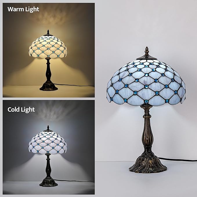 Tiffany Lamp Vintage White Grey Stained Glass Bead Table Lamp Desk Bedside Reading Light Decor Bedroom Living Room Home Office D12*H18 Inches