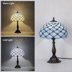 Tiffany Lamp Vintage White Grey Stained Glass Bead Table Lamp Desk Bedside Reading Light Decor Bedroom Living Room Home Office D12*H18 Inches