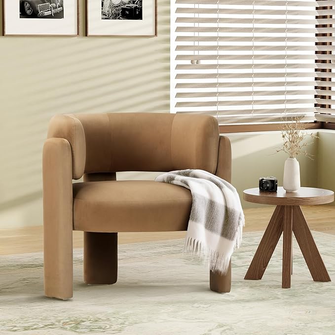 COLAMY Modern Accent Chair, Velvet Accent Chairs, Upholstered Barrel Chairs with Solid Wood Legs, Comfy Side Chair for Living Room, Bedroom, Reading, Cozy Reading Chair,Khaki