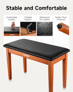 Donner Duet Piano Bench with Storage, Solid Wooden Keyboard Bench Piano Bookcase Stool Chair Seat with High-Density Sponges Padded Cushion, Wood Finish Color
