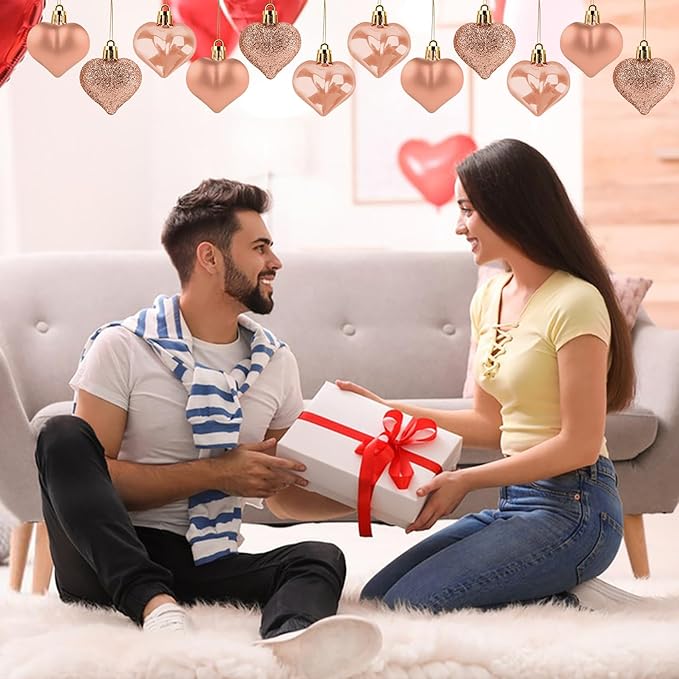 Valentines Day Heart Ornaments, 24Pcs Hanging Heart Ornaments, Glitter Champagne Heart-Shaped Baubles for Outdoor Wedding Anniversary Mother's Day Romantic Galentines Valentines Day Party Decoration