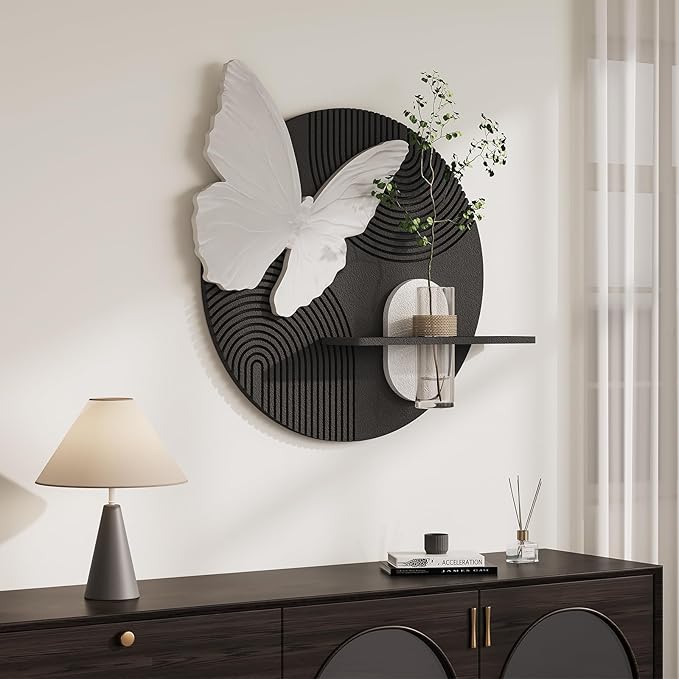 Troartos 3D Textured Black and White Wall Art for Living Room, Modern Minimalist Butterfly with Vase Artwork for Walls, Geometric Round Sandstone Wall Decor for Bedroom, Hallway, Dining Room, Office