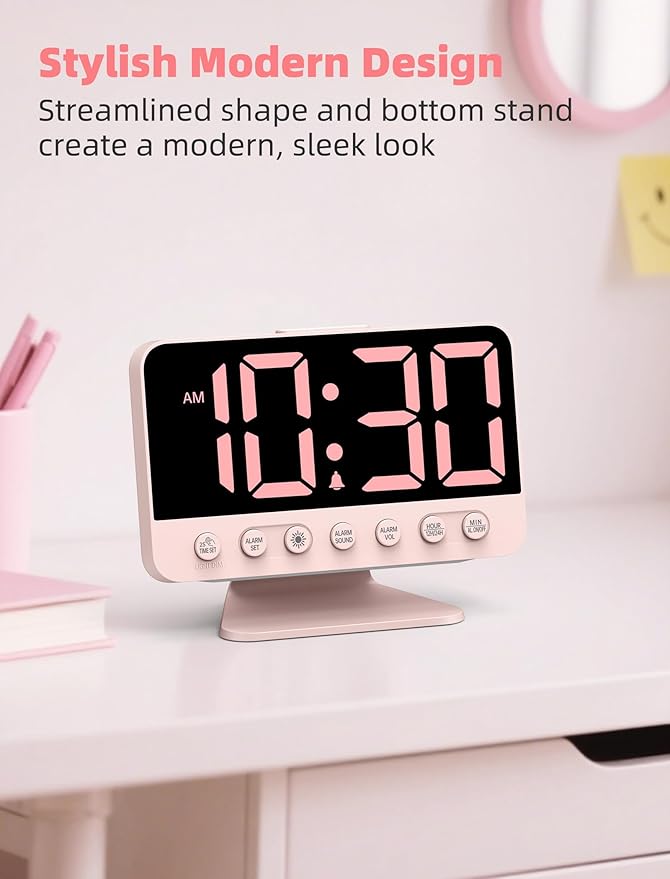 Digital Alarm Clocks for Bedrooms: Large Bold Number 5 Brightness Dimmer - Easy to Read Across The Room - 5 Alarm Sound 8 Night Light - Sakura Pink